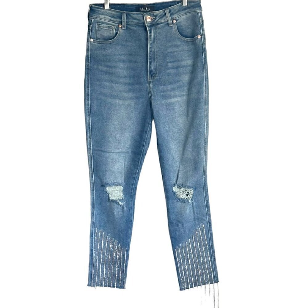 EUC - AKIRA Label Too Good High Waisted Rhinestone Fringe Skinny Jeans - Size 13 - Picture 8 of 15